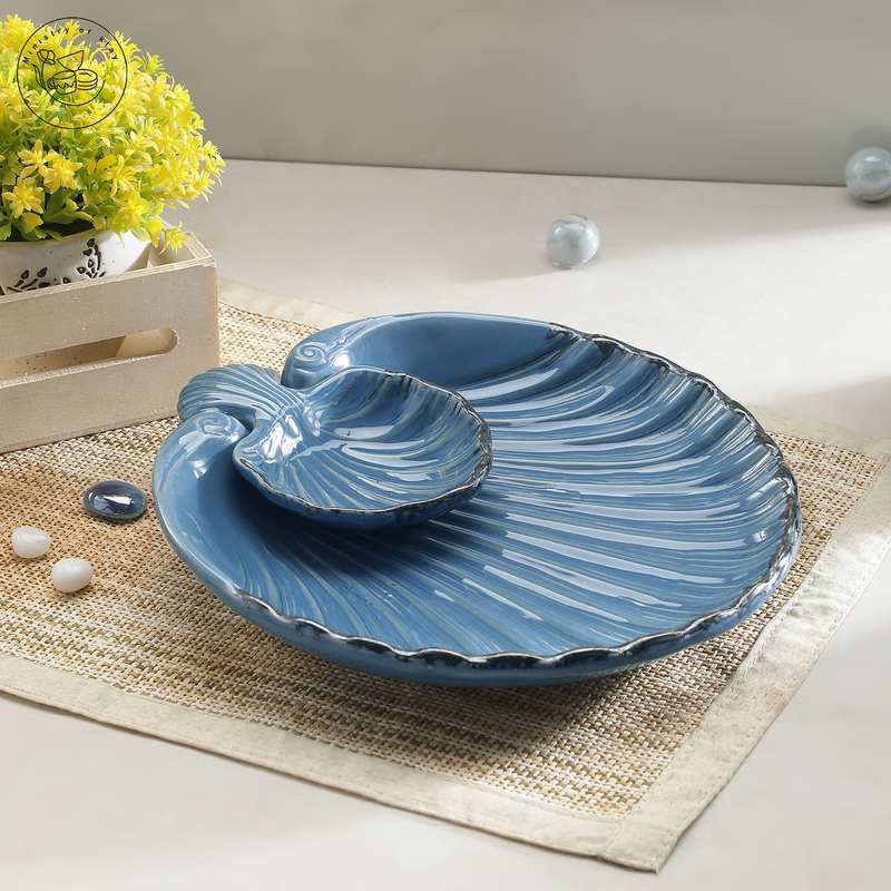 Ministry Of Klay Blue Shell Shaped Ceramic Platter / Microwave Safe.