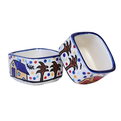 Freakway Handpainted 2 Dips of Hut Ceramic Dip Bowl/Chutney Bowl/Pickle Bowl/Sauce Serving Bowl Set (50 ML, Small, 2-Pieces, Multicolour, Cartoon Shape Square)