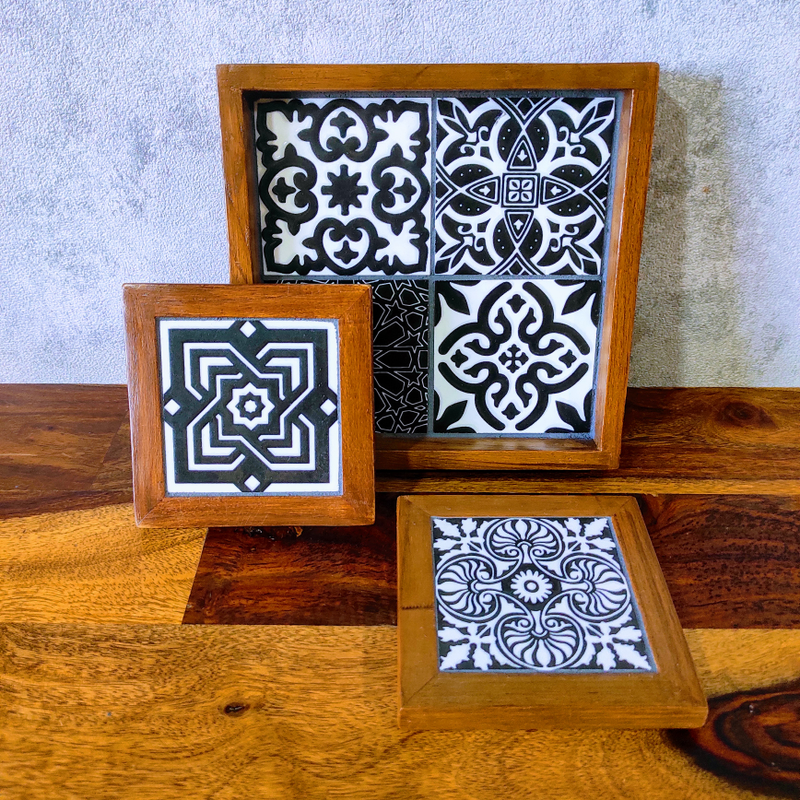 Black & white Tray Coaster Serving Set (1 tray, 2 coasters) with ceramic tiles & teakwood frames