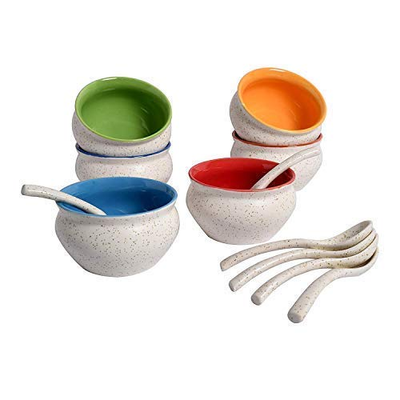 Multicoloured Ceramic Soup Bowl and Spoon Set