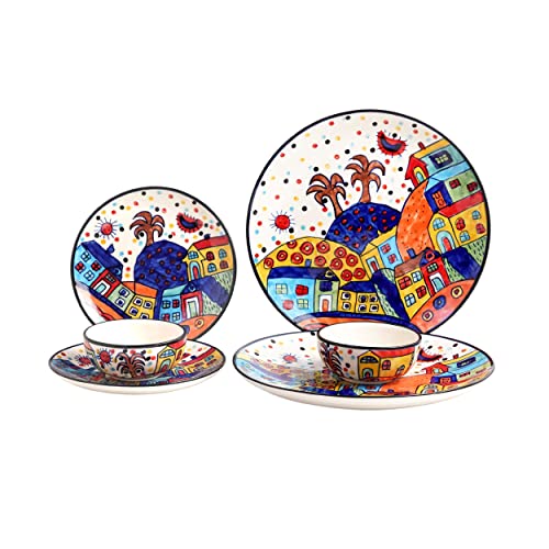 Freakway Hut Dining Family Pack Handpainted Ceramic Plates with Katoris (6 Pieces, 2 Plates in 10.3 Inches & 2 Quarter Plates in 7.3 Inches & 2 Bowl) Dishwasher & Microwave Safe) -Multi-Color