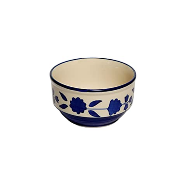 Freakway Handpainted Royal Blue Floral and Leaf-Stripe Pattern Ceramic Soup Bowls with Matching Spoons - (Set of 2, 350 ML, Dishwasher & Microwave Safe)